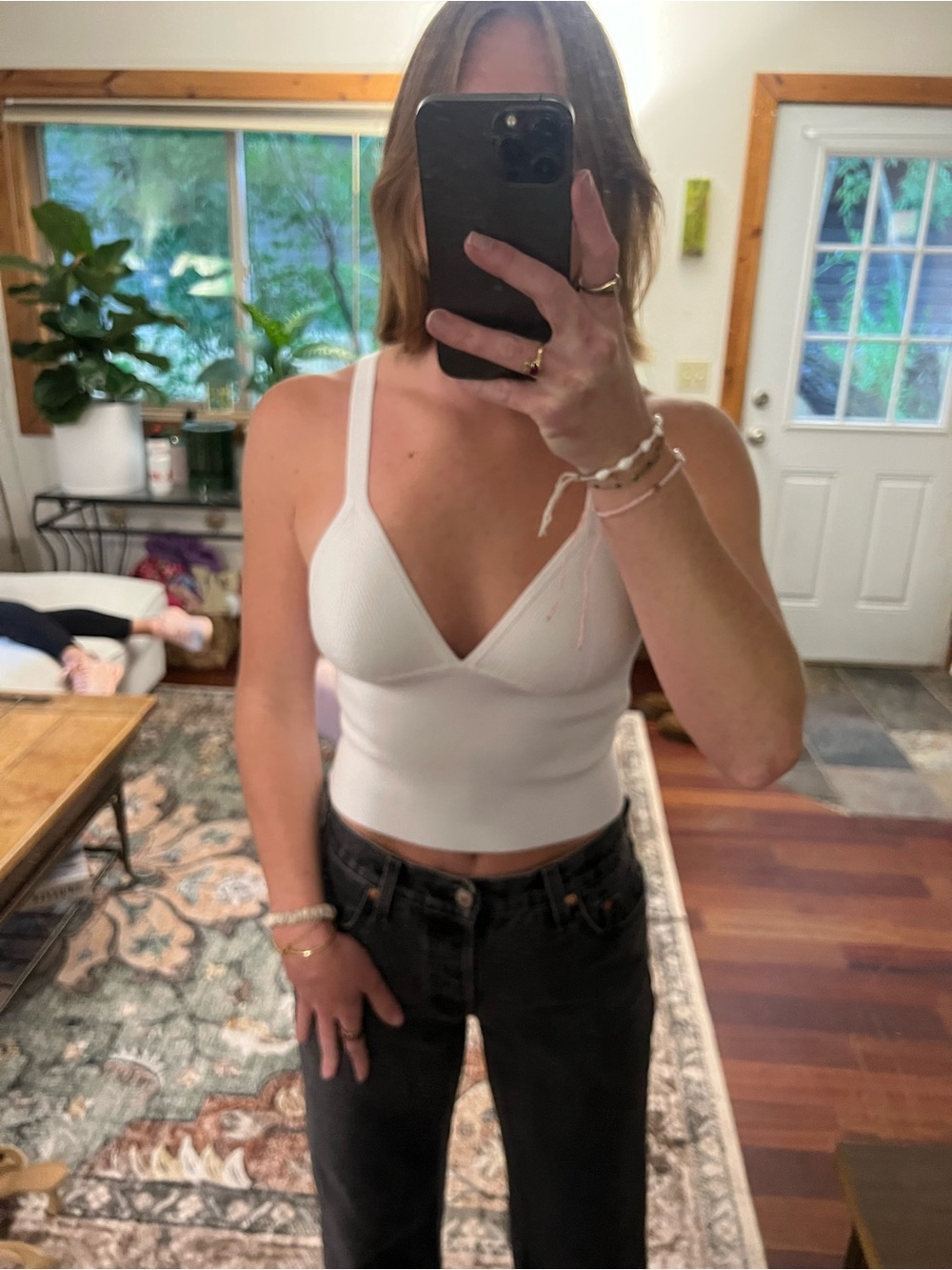 Free People White Ribbed V-Neck Cropped Camisole